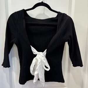 NWOT Free People ribbed elbow sleeve black/white satin tie back top - L